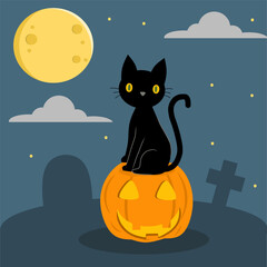 Halloween illustration of a black cat sitting on a pumpkin under the full moon. Spooky night scene with graveyard background.