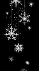 A cascade of luminous white snowflakes descends against a stark black background, adorned with scattered sparkles, evoking winter's magical allure
