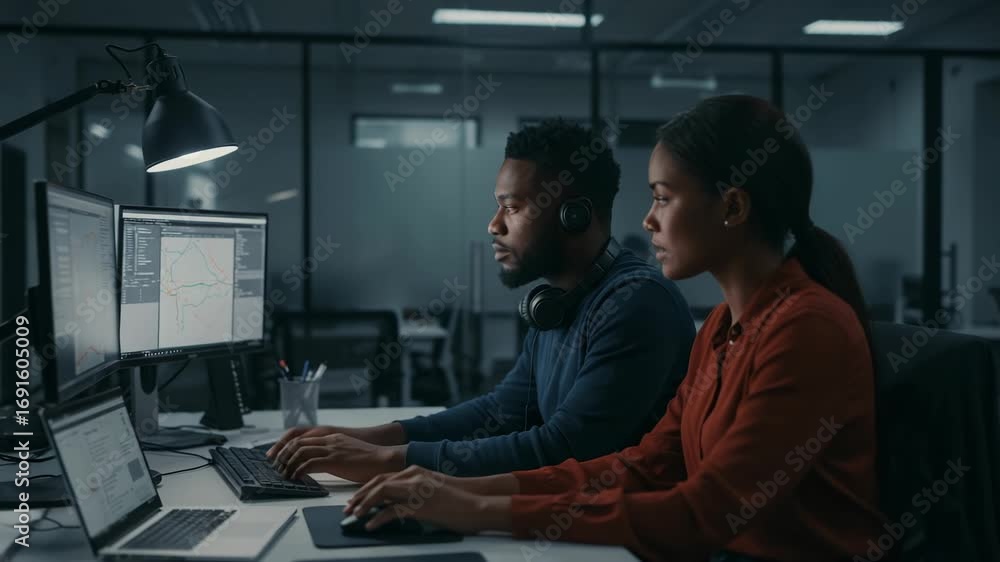 Poster two programmers working on computers in a modern office
