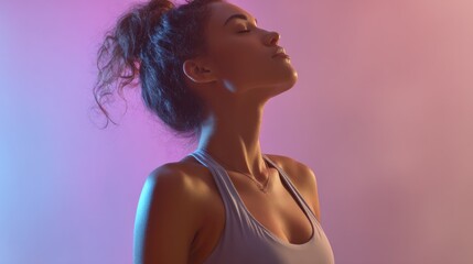 Obraz premium A woman stands confidently in workout clothing, her head tilted back slightly with a calm expression. The atmosphere is enhanced by soft pink and blue lighting, creating a tranquil mood.