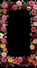 Roses of various colors & foliage frame a black background, creating a romantic and vibrant border. Suitable for invites, announcements, or art