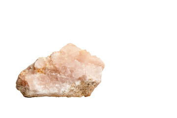 A beautiful pink rock crystal with unique textures, set against a white isolated background.