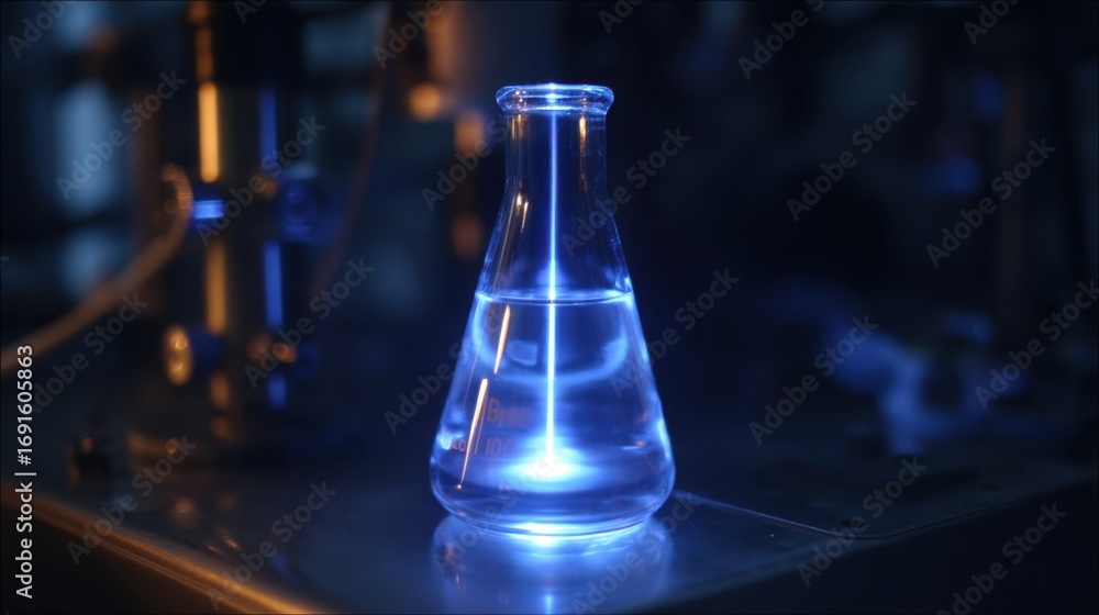 Poster glowing laboratory flask with blue liquid illuminated by led light in a research environment