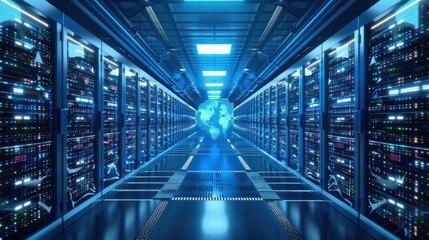 Futuristic Data Center with Server Racks and Digital Globe in Blue Lighting