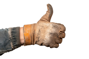 A close-up of a dirty work glove giving a thumbs up gesture, symbolizing positivity and hard work.