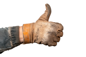 A close-up of a dirty work glove giving a thumbs up gesture, symbolizing positivity and hard work.