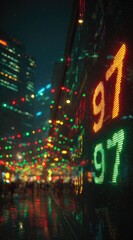 Blurry night street with financial display panel reflecting city lights. People walk on a wet ground. Red and green lights blur in the background
