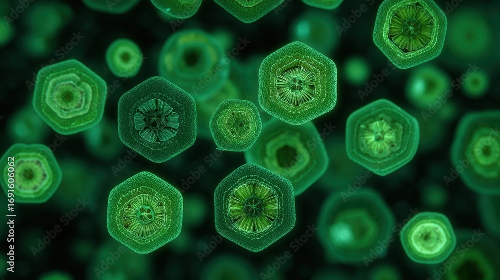 Aufkleber close-up view of green microorganisms with hexagonal shapes set against a dark background for scient