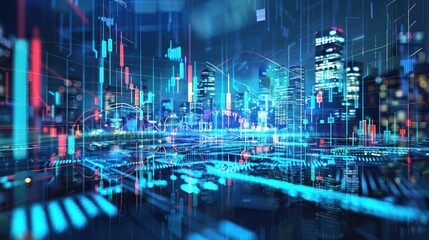 Futuristic Digital Cityscape with Bright Blue and Red Data Visualizations