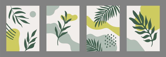 Abstract Botanical wall art set. Organic shapes and  branches for interior, canvas prints, poster, decoration, cover, wallpaper. Green, grey and beige colors. Vector illustration