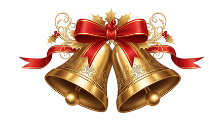 Golden Christmas bells adorned with a red ribbon and holly.