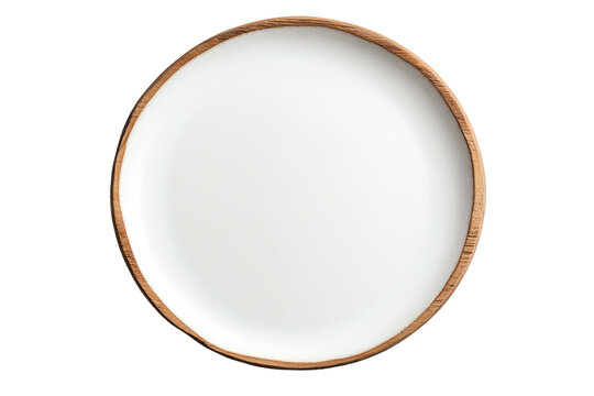 A plain white plate with a wooden rim, perfect for serving appetizers or main courses.