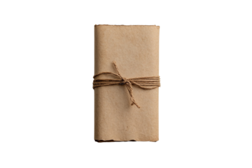 A rustic brown notebook wrapped in twine, perfect for journaling and creative thoughts, on a white isolated background.
