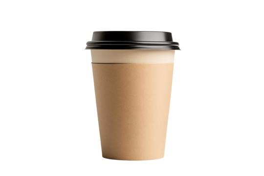 A simple coffee cup, made of brown paper, featuring a black lid against a white background. Perfect for takeaway scenarios.