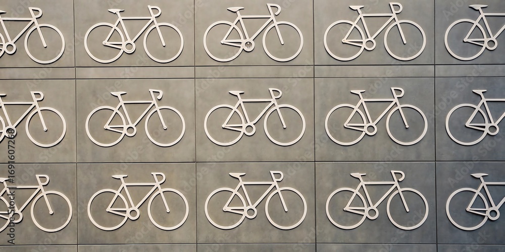 Poster repeating pattern of white bicycle outlines on a textured gray wall creating a modern artistic desig