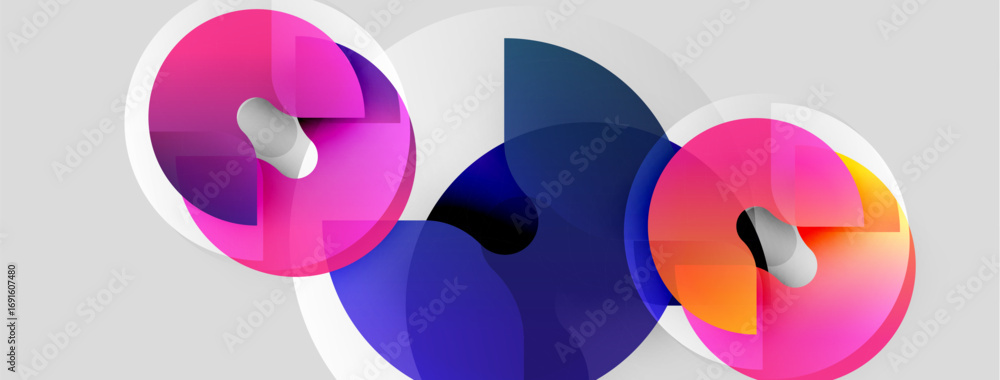 Poster Abstract colorful overlapping circles create dynamic visual composition. Gradient hues blend, forming modern design element.