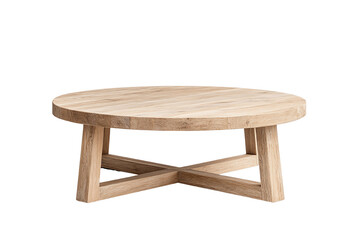 A stylish round wooden coffee table with a unique base design, ideal for modern living spaces.