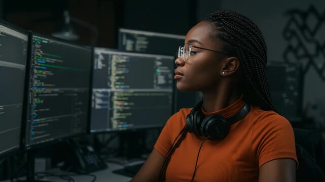 Young black woman programmer wearing glasses and headphones in office