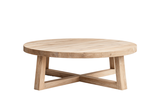 A stylish round wooden coffee table with a unique base design, ideal for modern living spaces.