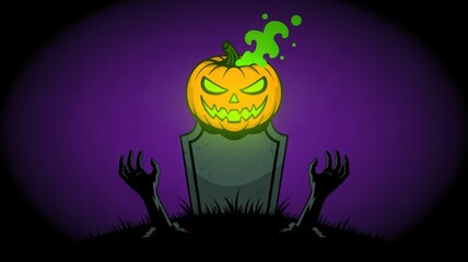 Halloween Pumpkin Tombstone with Zombie Hands Rising