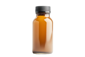 Amber glass bottle with a black cap, filled with a beverage, isolated on white background.