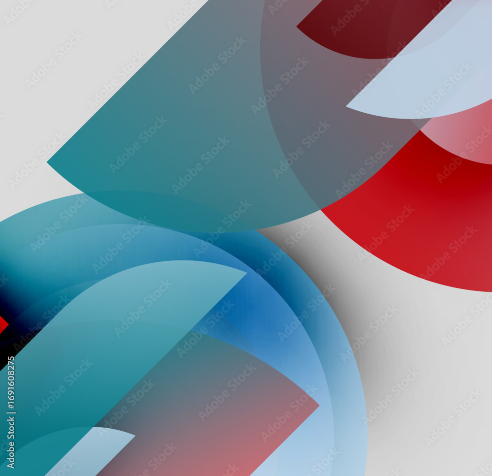Poster abstract composition. overlapping circles, gradients create dynamic visual effect. red, blue, white 
