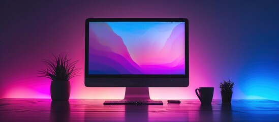 A computer monitor with an abstract wallpaper sits on a desk with a cup of coffee and a plant on either side.