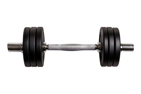 Black dumbbell on a white isolated background for fitness and strength training.