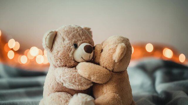 Two bears hugging on bed with fairy lights in background