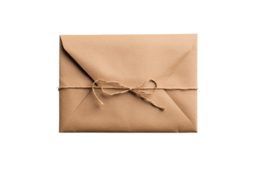 Brown envelope tied with twine, isolated on a white background, perfect for mailing, gifts, or stationery.