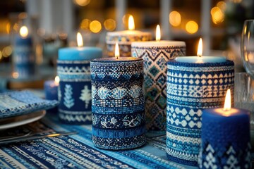 Festive blue candles on a table