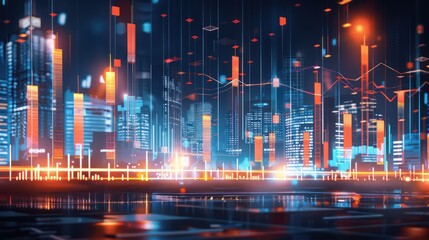 Futuristic Digital Cityscape with Glowing Data Charts and Neon Lights