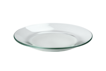 Clear glass plate on a white background, perfect for serving food or displaying items.