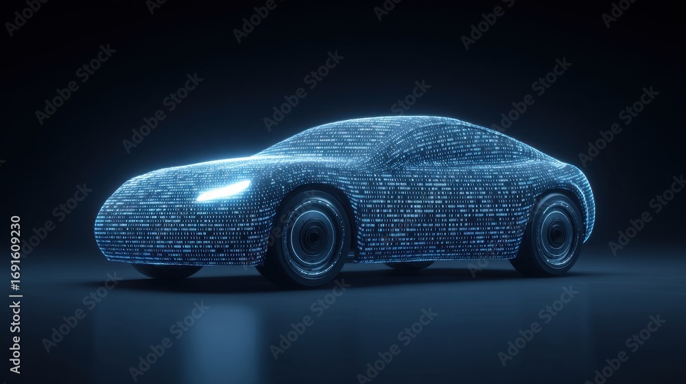 Poster futuristic car design with glowing binary code representation showcasing innovation and technology i