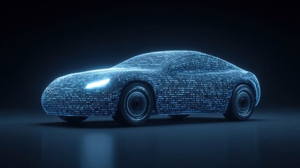 Futuristic car design with glowing binary code representation showcasing innovation and technology in automotive industry