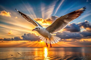 Single seagull soaring at golden sunset sky
