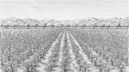 A monochromatic sketch depicting rows of trees stretching towards distant, hazy mountains under a pale sky.  The perspective creates a sense of depth and scale within the tranquil orchard setting
