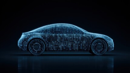 Futuristic Digital Car Design Represented with Binary Code in a Dark Background for Technological and Automotive Concepts
