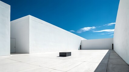 Minimalist white courtyard with smooth concrete ground and blue sky – Geometric architectural composition and spatial contrast, business, abstract, design, serenity, modernism