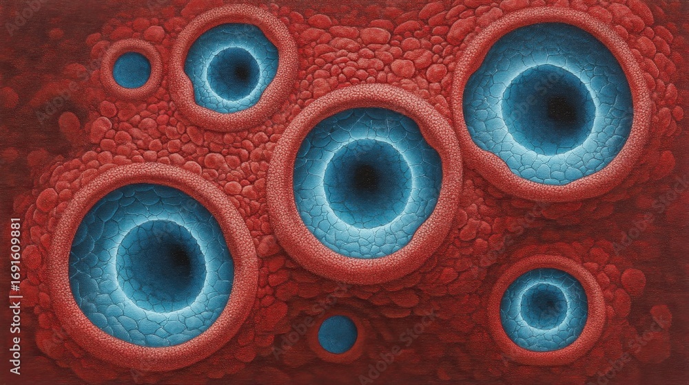 Poster abstract representation of cellular structures featuring blue and red hues with a textured backgroun
