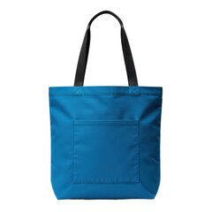Teal tote bag with black straps and front pocket, isolated on white background