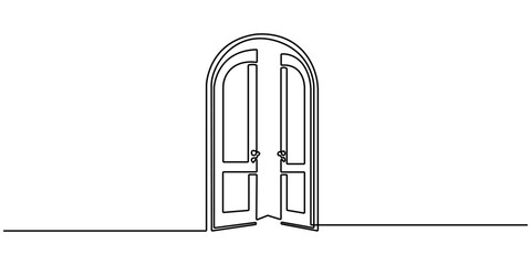 Continuous one line drawing of Opened door vector illustration. Single line art draw of open doors. Open door one line illustration. Editable outline.