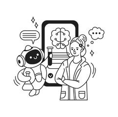 Illustration of a scientist and robot in a lab setting. Black and white cartoon style. Displays collaboration in AI development. Suitable for tech and science themes.