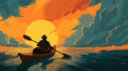 A person on a long-distance kayaking trip, with a loaded boat, paddling toward a sunset. The image is about a long journey.