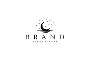 Crescent moon logo decorated with falling stars in a flat silhouette design style