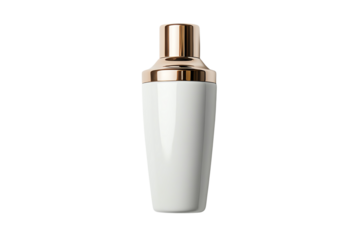 Elegant cocktail shaker with a sleek white and gold design, perfect for mixing beverages.
