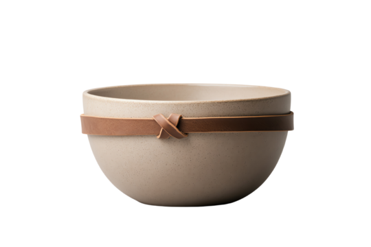 Elegant ceramic bowl with a soft, natural finish and decorative leather strap, perfect for stylish dining.