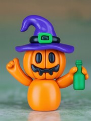 Halloween Pumpkin Witch Figurine with Green Potion Bottle