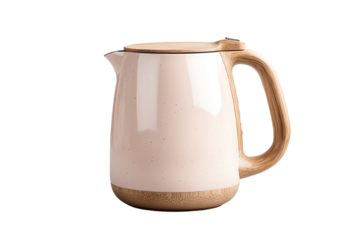 Elegant pink ceramic milk jug with a wooden base, perfect for stylish serving and kitchen decor.