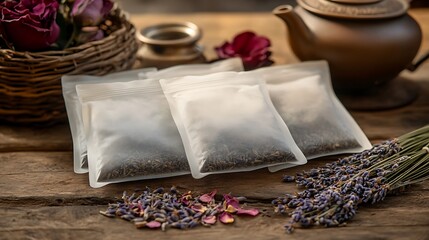 Fototapeta premium Flat lay of herbal tea bags, dried lavender, rose petals, and a teapot on a rustic wooden table